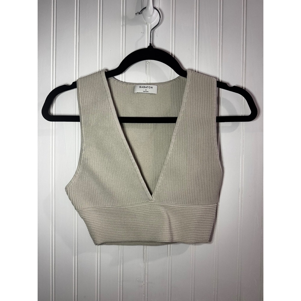 Babaton Sculpt Knit Tank Top Beige High Neck Ribbed Crop Top Small Womens